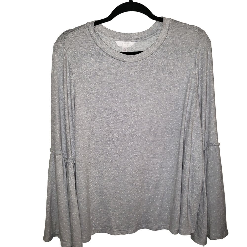 LC Lauren Conrad Gray White Polka-dot Long Bell Sleeve Top Soft Rayon XL